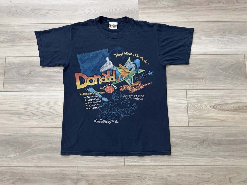 Vintage Walt Disney World Donald Duck Character Profile T-Shirt Est 1934 Navy